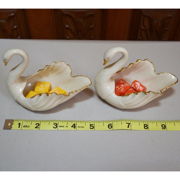 Vintage Set of (2) Lenox Gold Trim Swans Porcelain Trinket Candy Dish Figurine - Picture 10 of 12